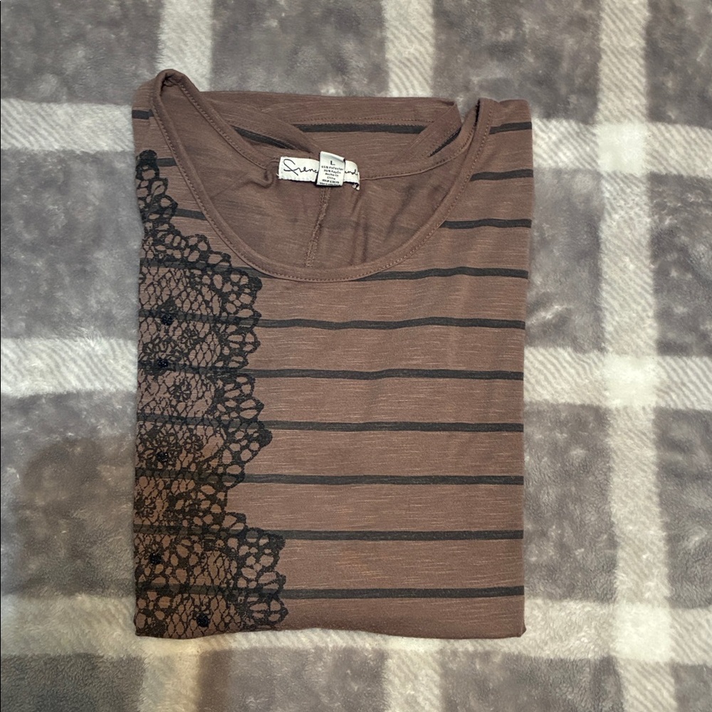 French Laundry Brown Striped 3/4 Sleeve Top